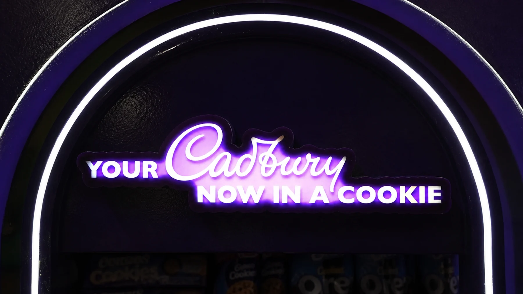 Cadbury Cookies gantry seen from the aisle with the arch overhead