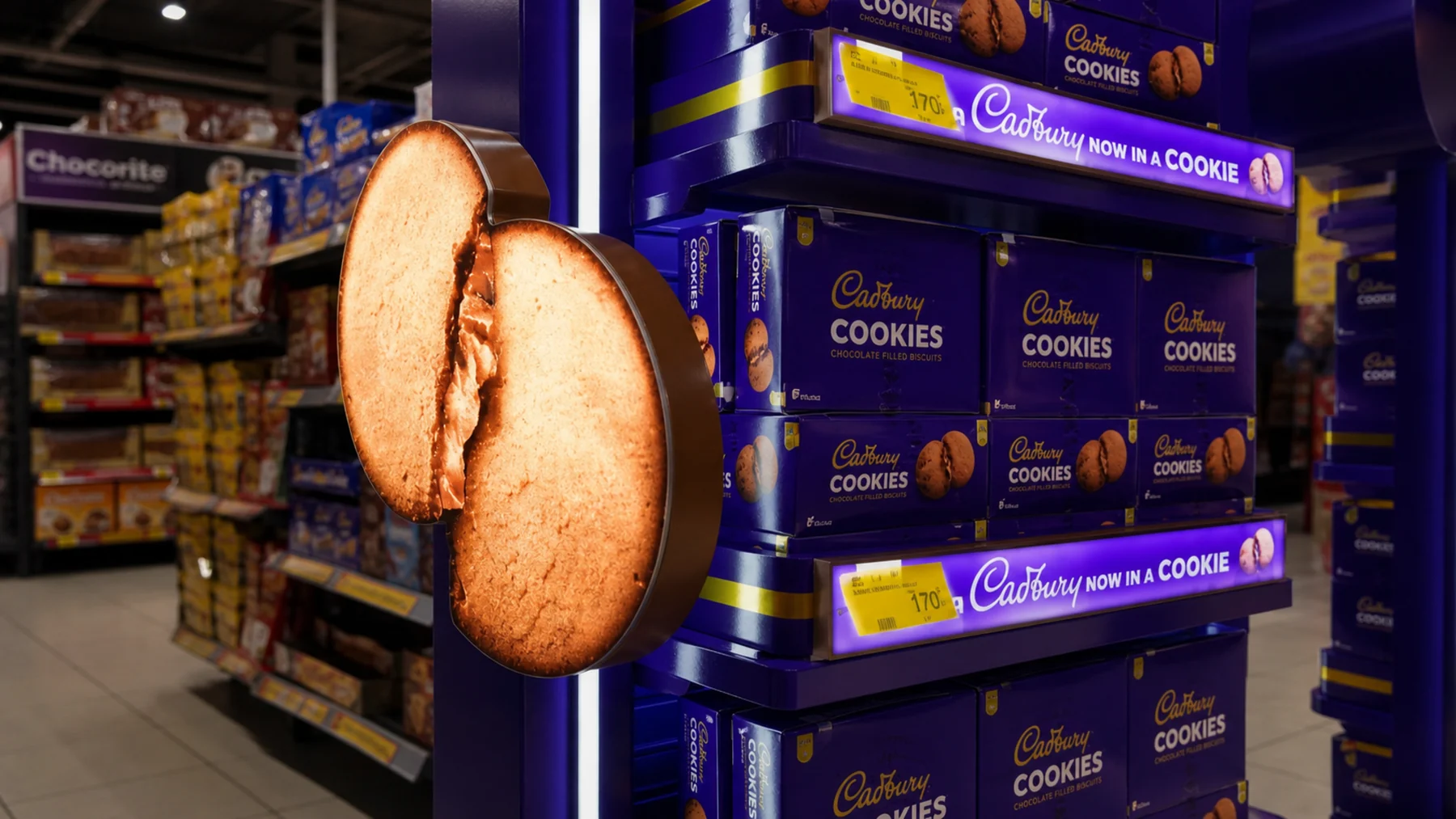 Sculptural split cookie form mounted on the Cadbury gantry