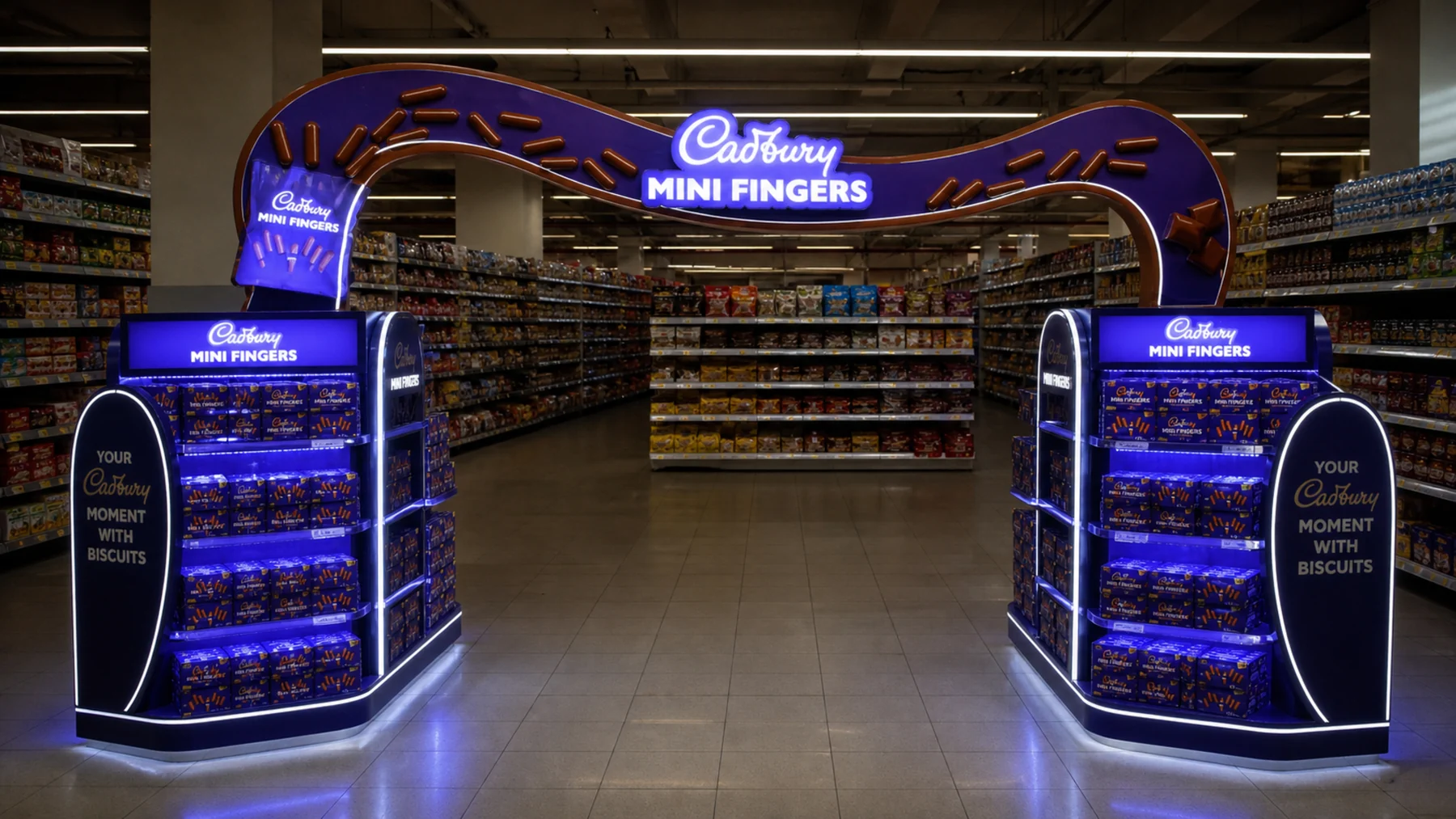 Cadbury Mini Fingers gantry arching across the store aisle