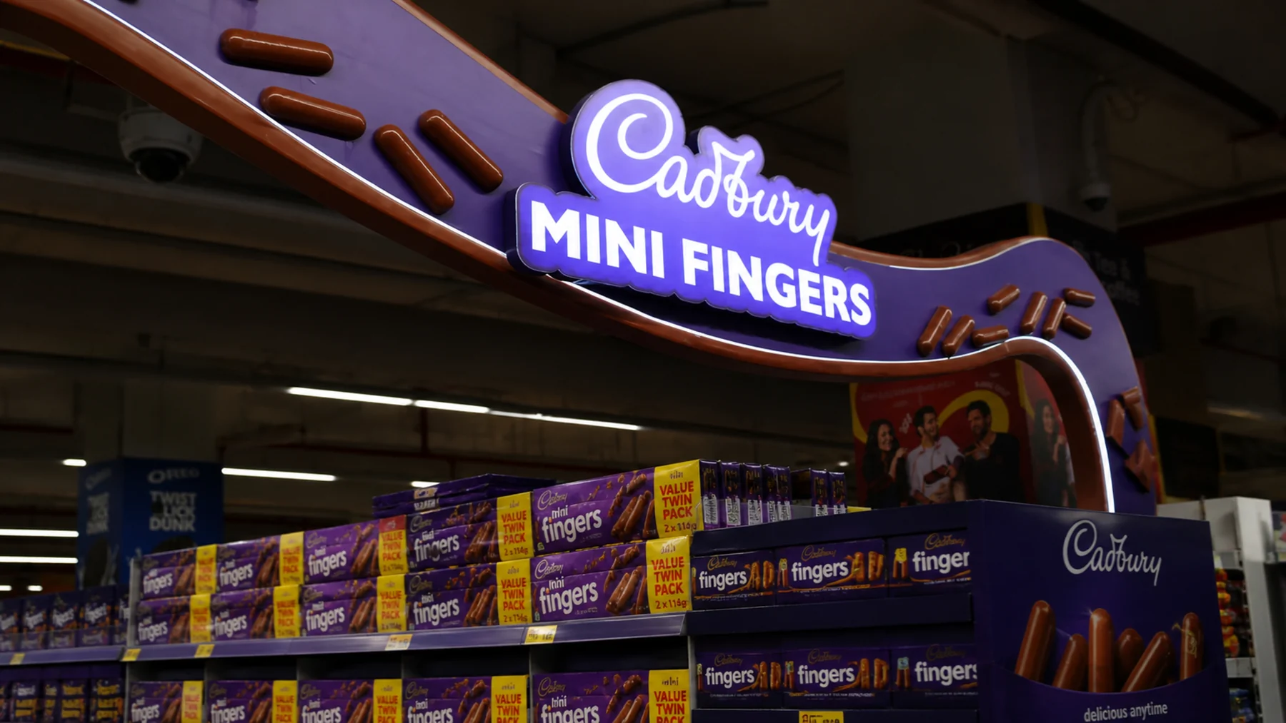 Illuminated Cadbury Mini Fingers header at close range