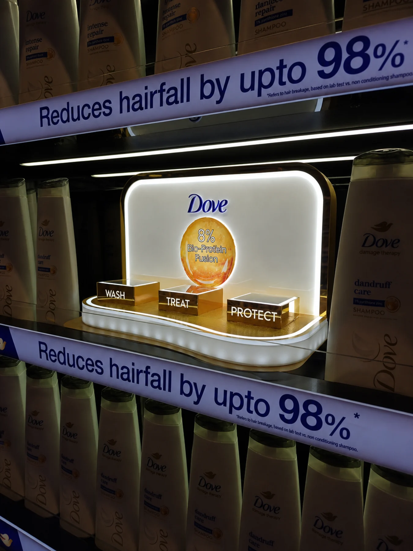 Lit gold Dove hero plinth carrying the wash, treat and protect regimen