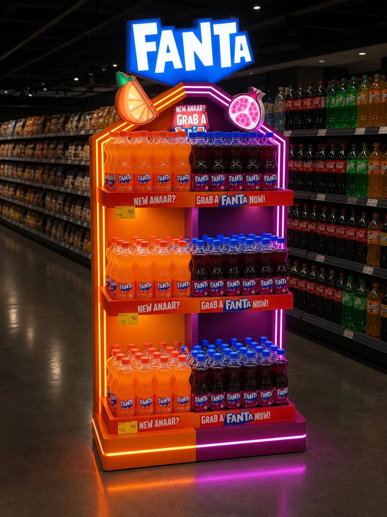 Side view of the Fanta Pome launch unit showing the lit edge