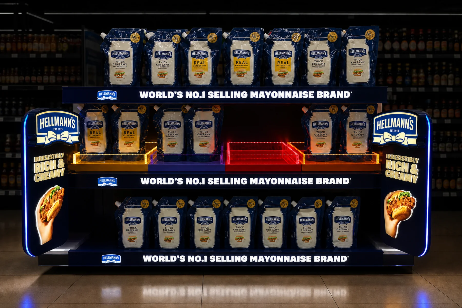 Hellmann's category bay from the aisle, showing the illuminated shelf run in context