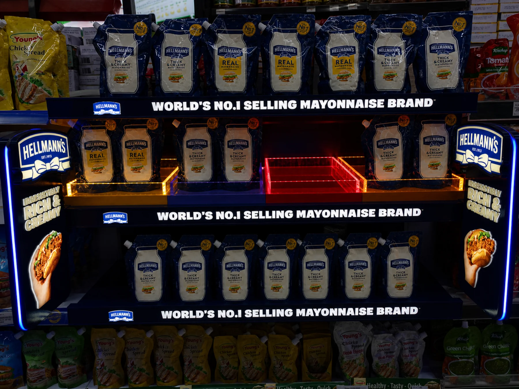 Documentary photograph of the installed Hellmann's bay with product on every shelf