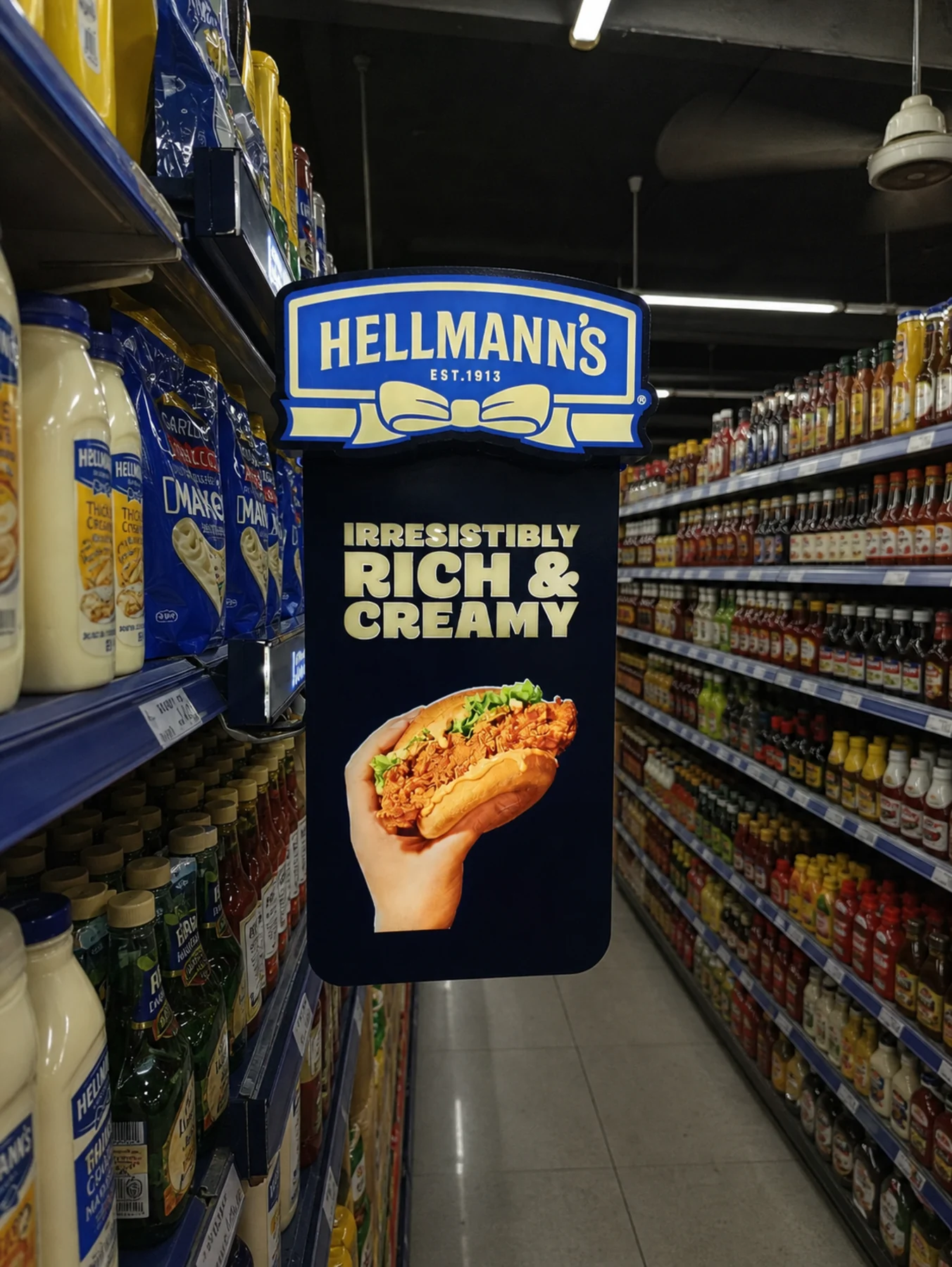 Hellmann's aisle-facing brand blade with the roundel and the Irresistibly Rich and Creamy line