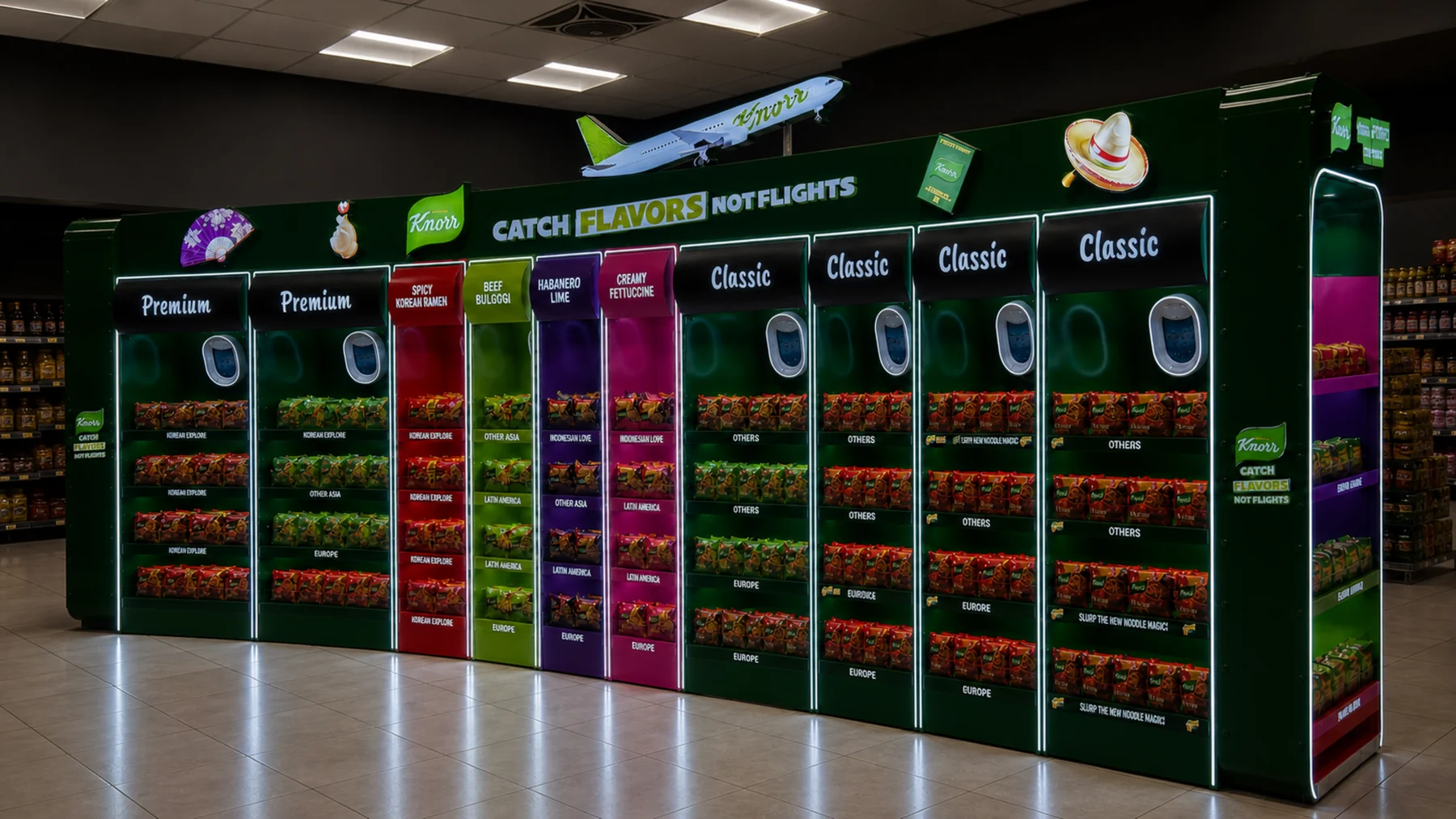 Wide documentary view of the Knorr Global Flavours ten-bay category wall during installation