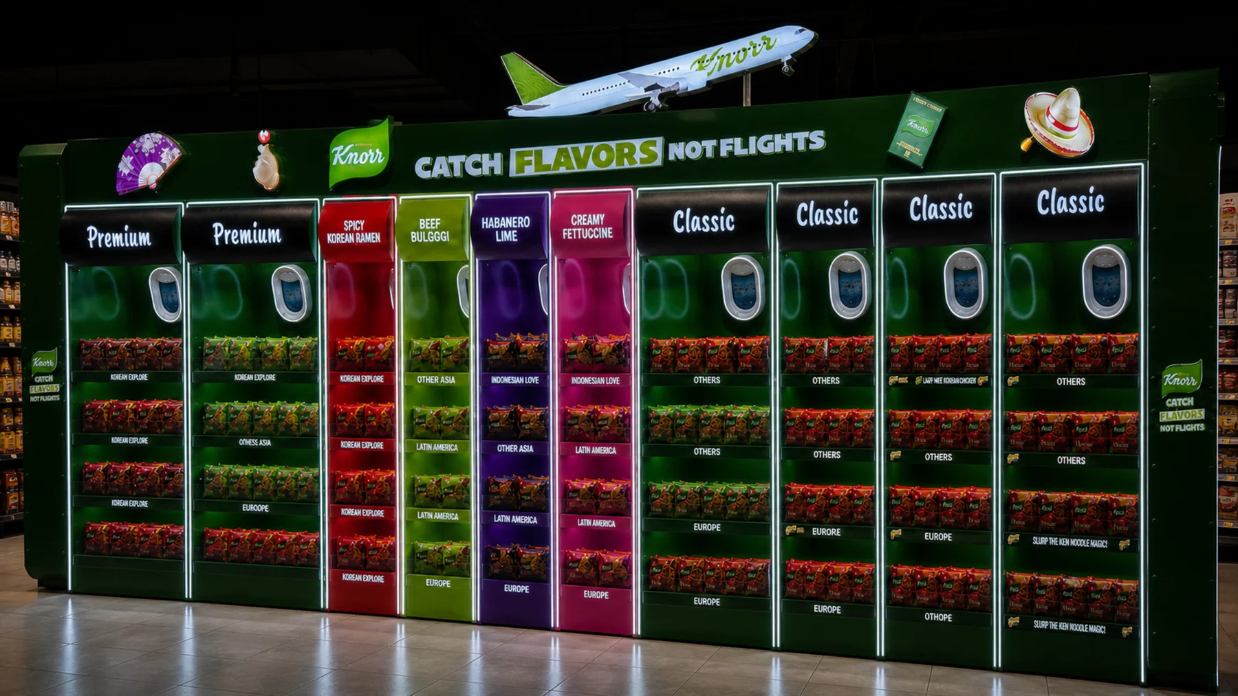 Knorr Catch Flavors Not Flights fascia with airplane and travel icons