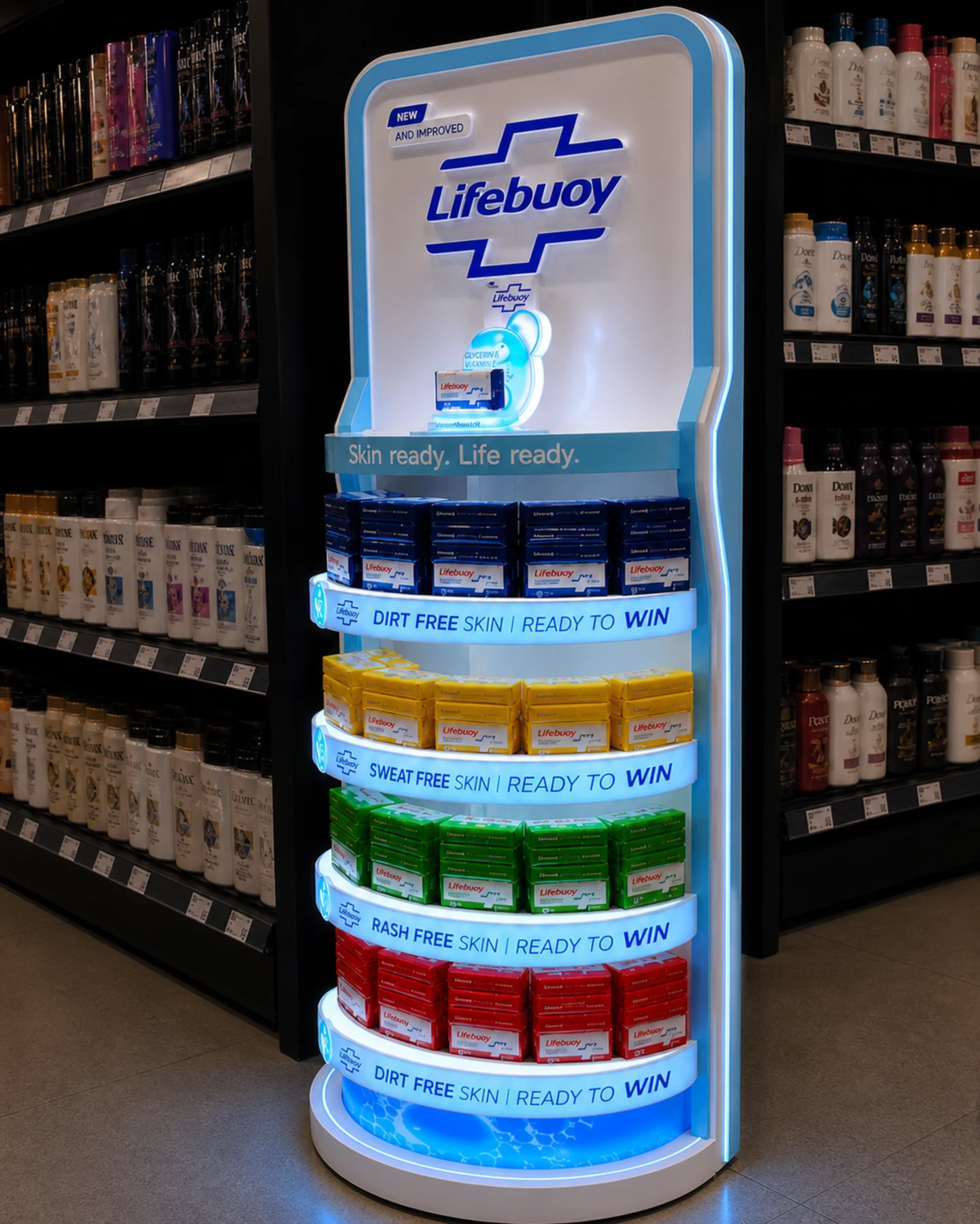 Documentary photograph of the stocked Lifebuoy tower with all five variants in place