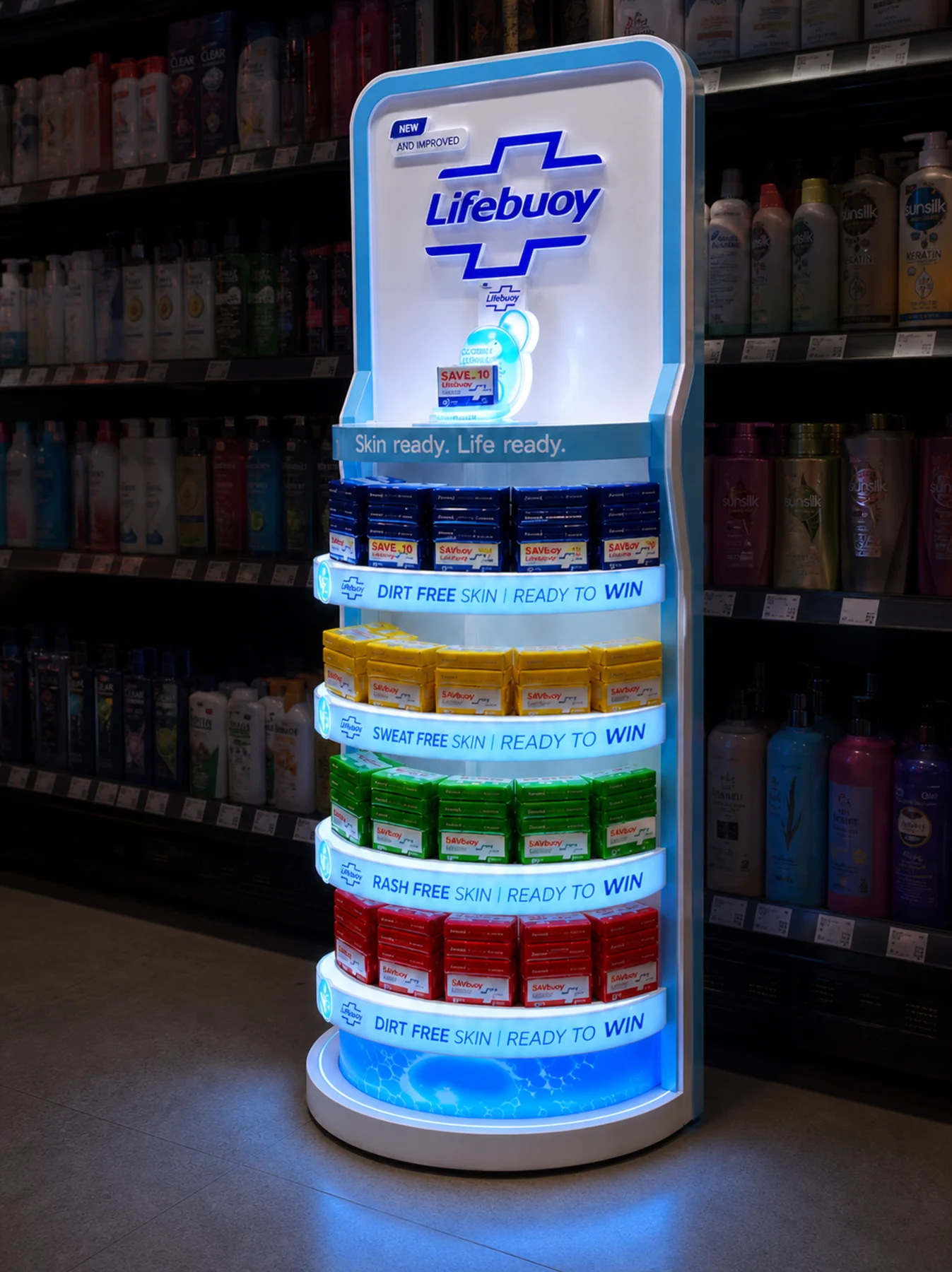 The Lifebuoy tower lit against a darker store interior