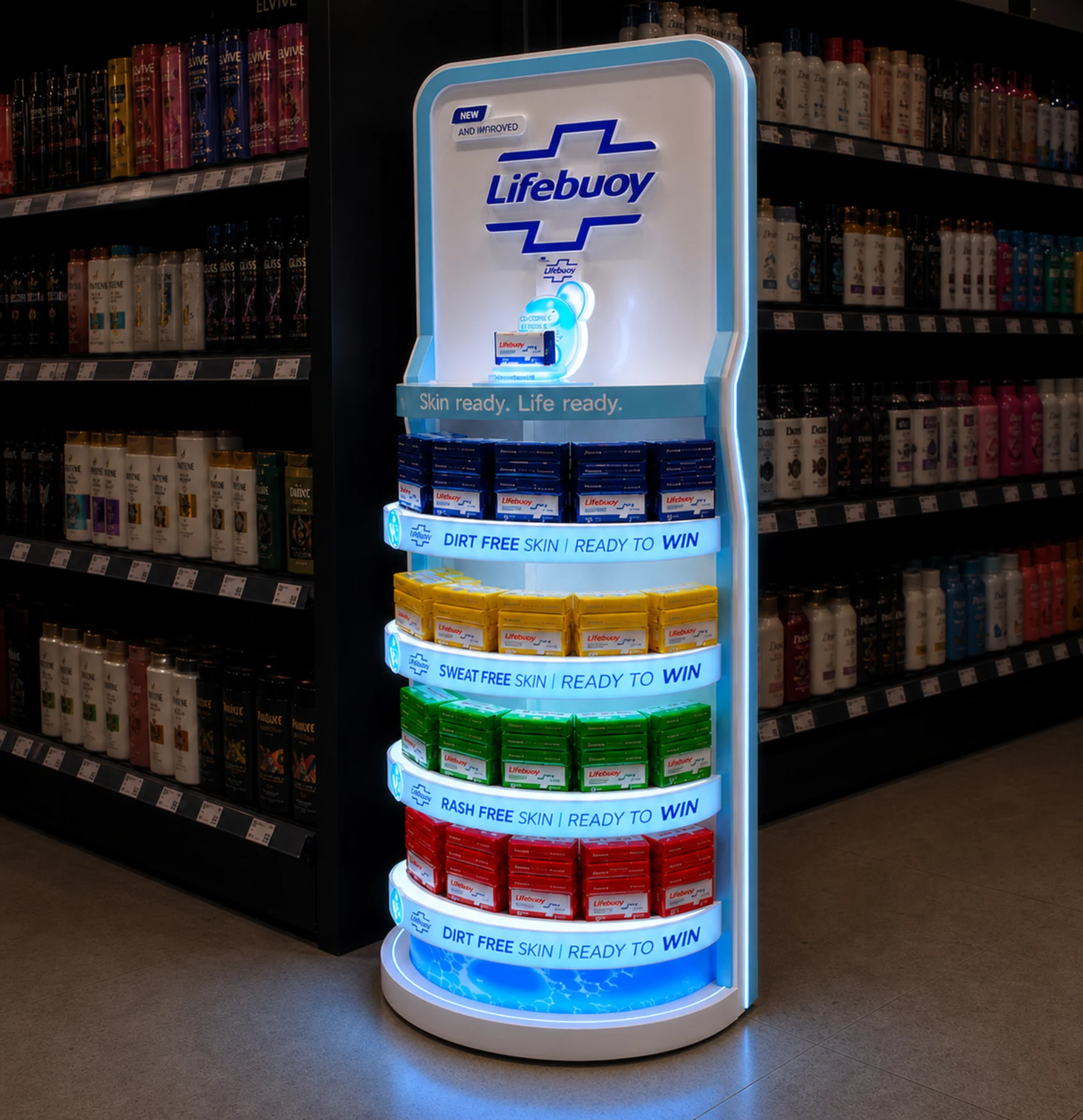 Lifebuoy tower installed in a Gulistan-e-Johar personal-care aisle