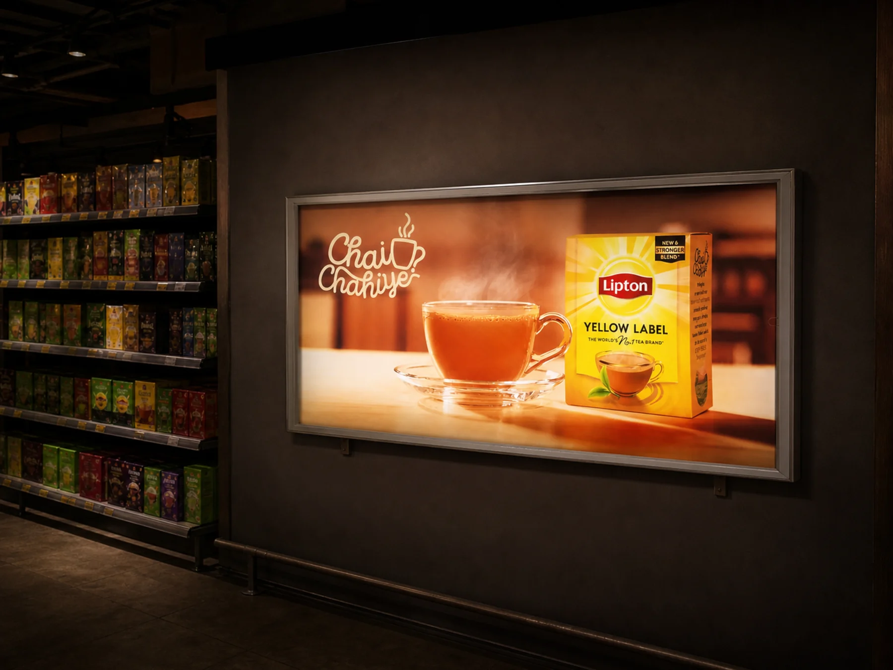 Wall-mounted illuminated Lipton Chai Chahiye lightbox