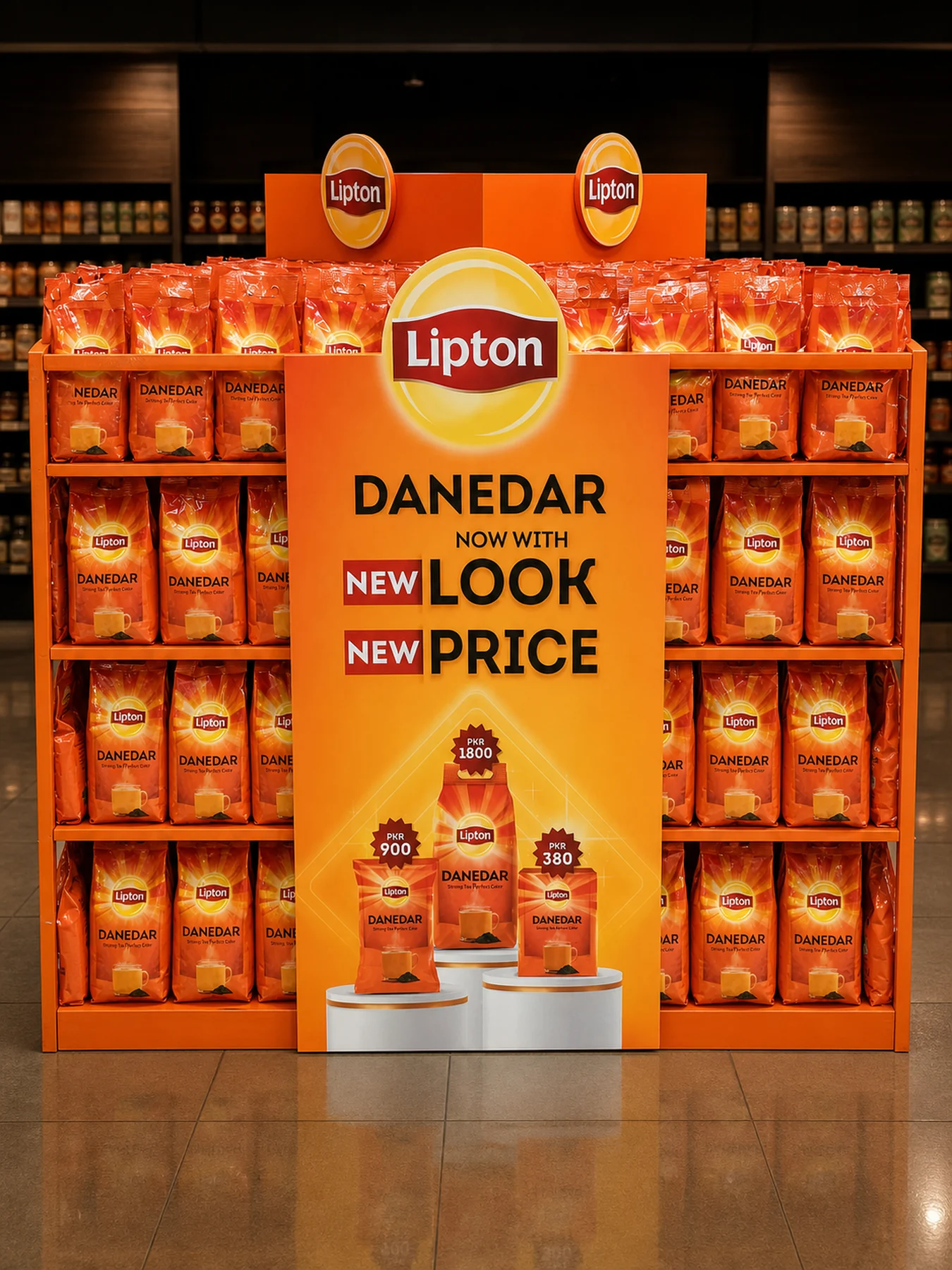 Front view of the Lipton Danedar promotional pod at Carrefour Emporium