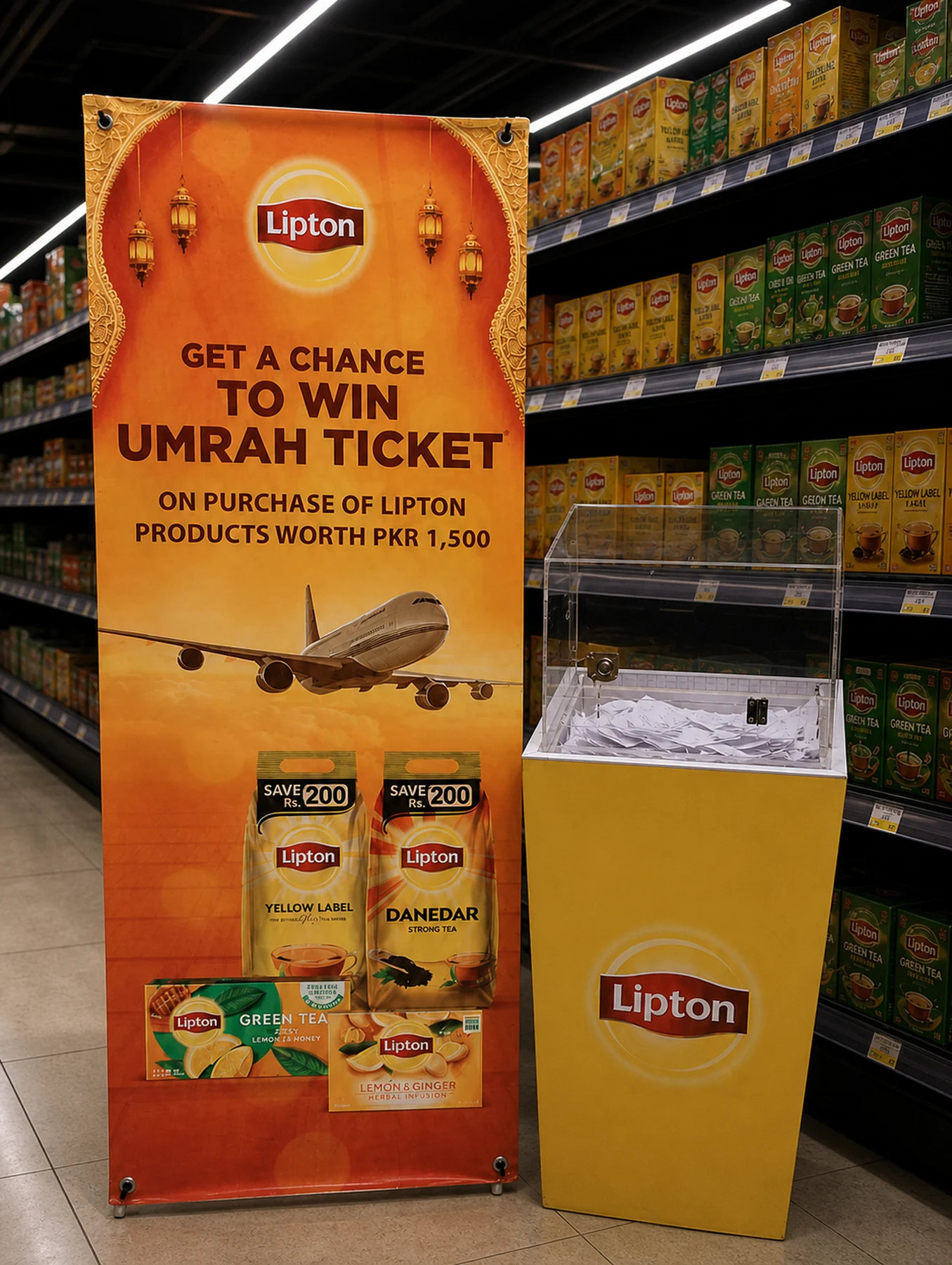 Lipton Umrah ticket standee and coupon drop box installed at Save Mart G6