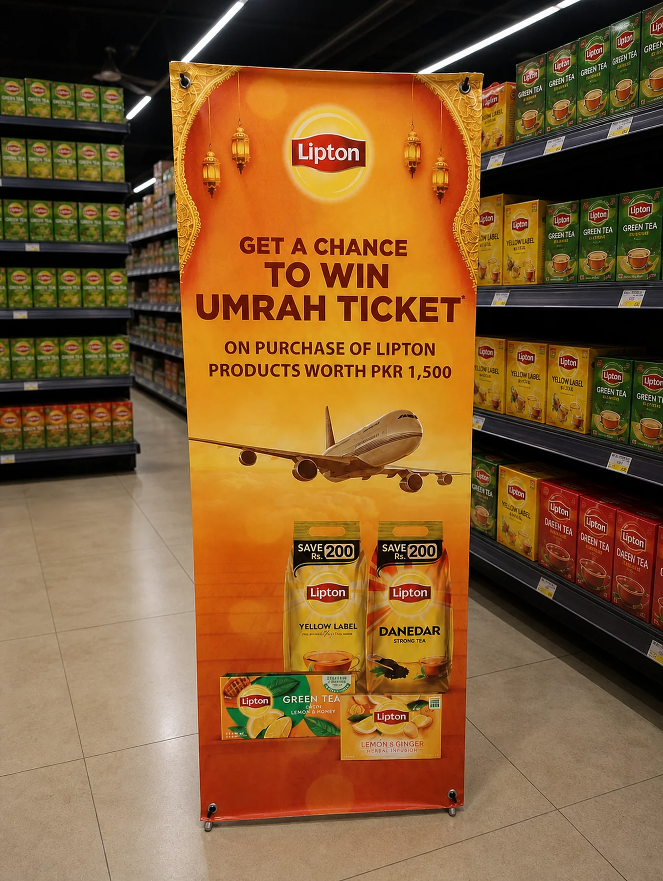 Lipton Umrah standee sited directly in the tea category at Save Mart Taramari