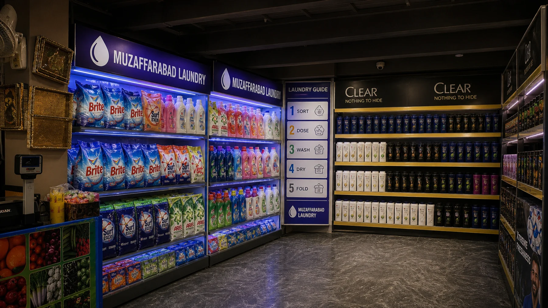 The completed Muzaffarabad laundry and hair-care aisles