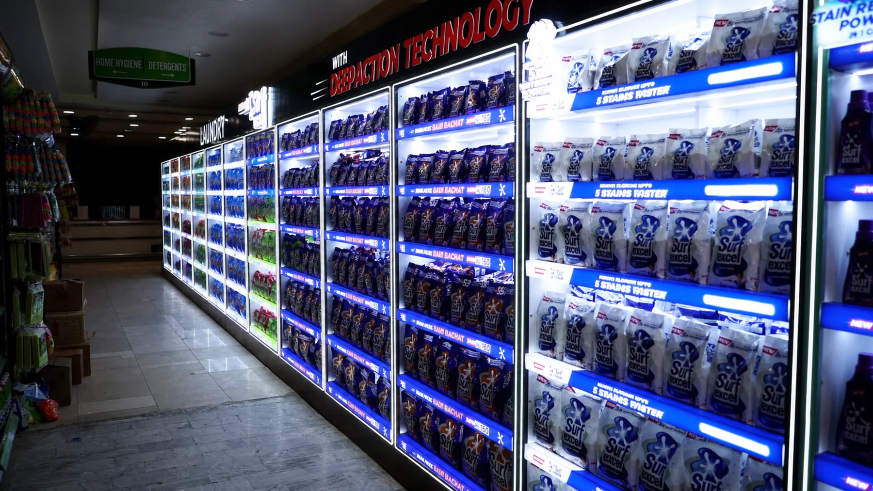 Deep Action Technology wall lit along the full laundry run