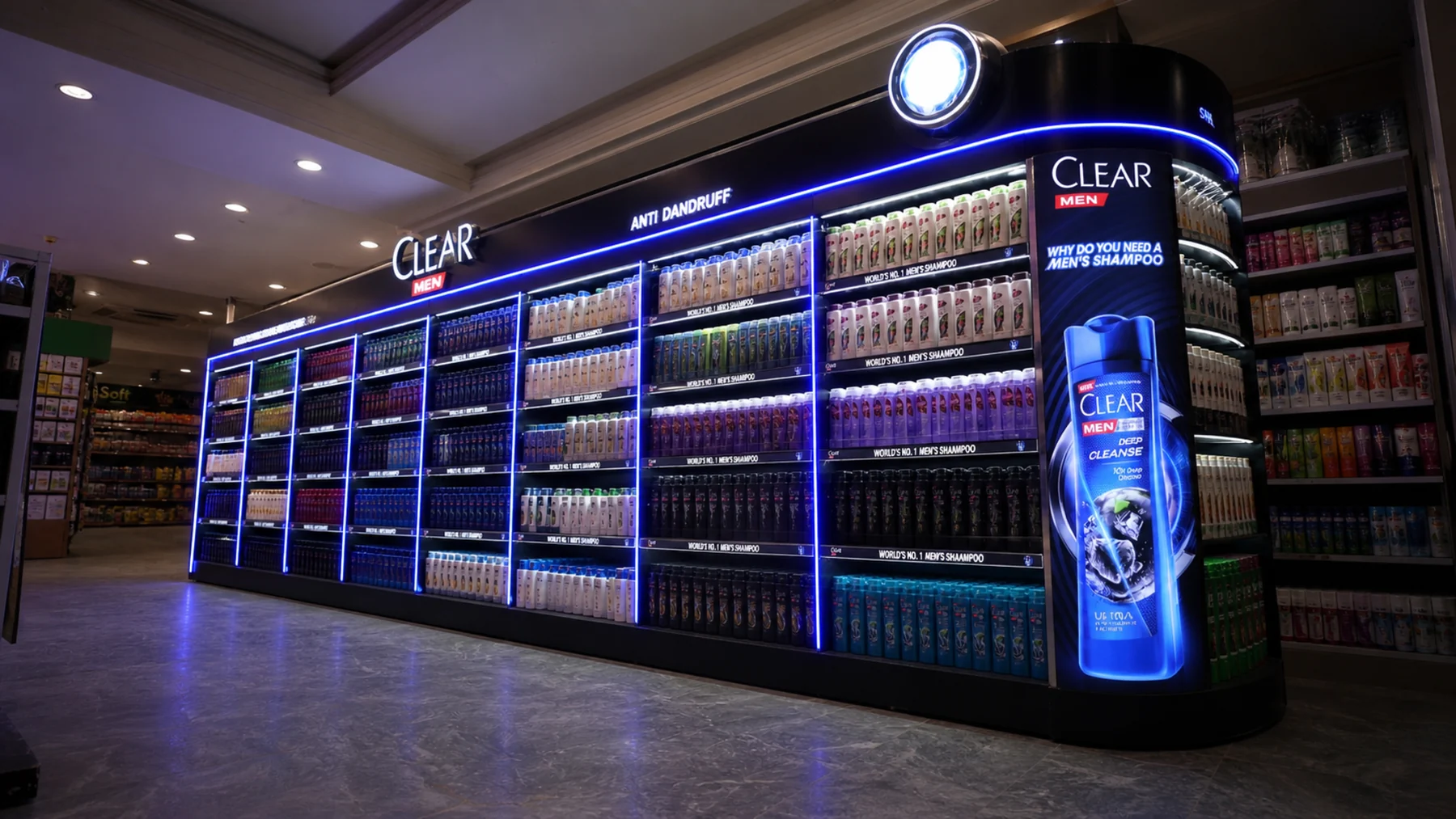 Illuminated Clear hair-care run lit in blue and violet