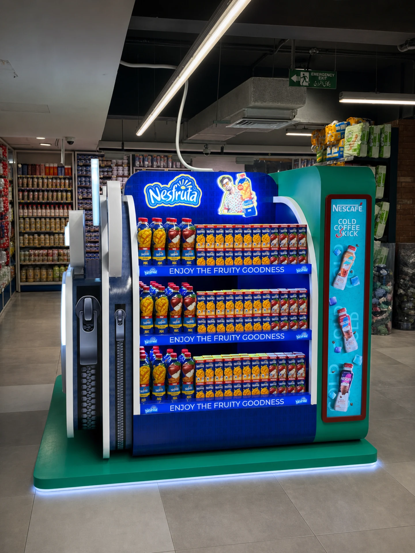 Front view of the stocked Nesfruta zone within the Nestlé retail island