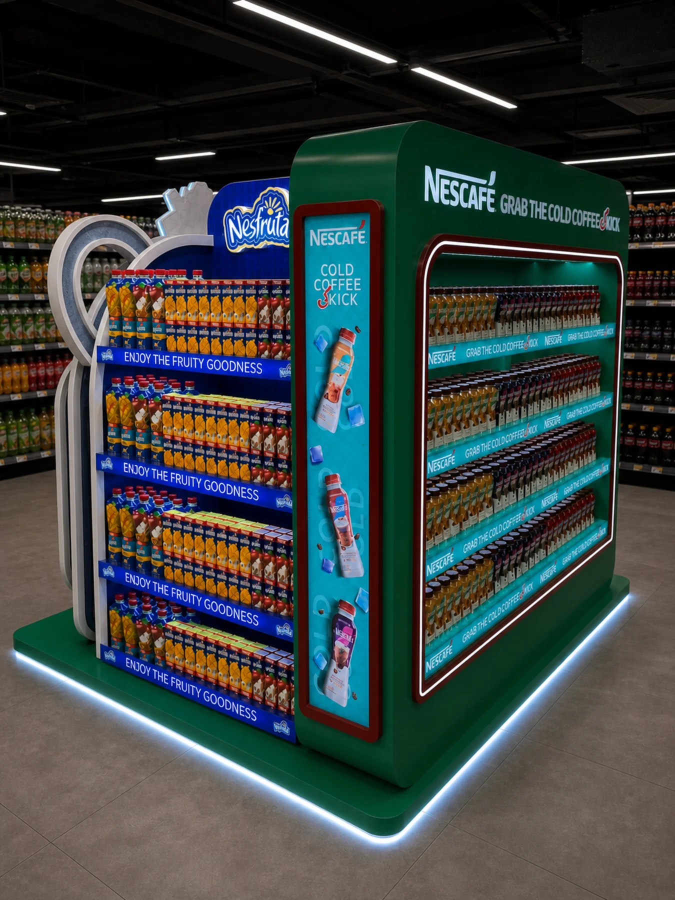 Corner view connecting the Nescafé and Nesfruta zones of the retail island