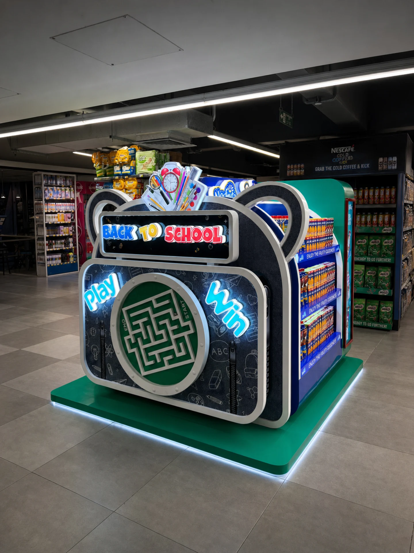 Front view of the Nestlé Back to School maze game built into the retail island