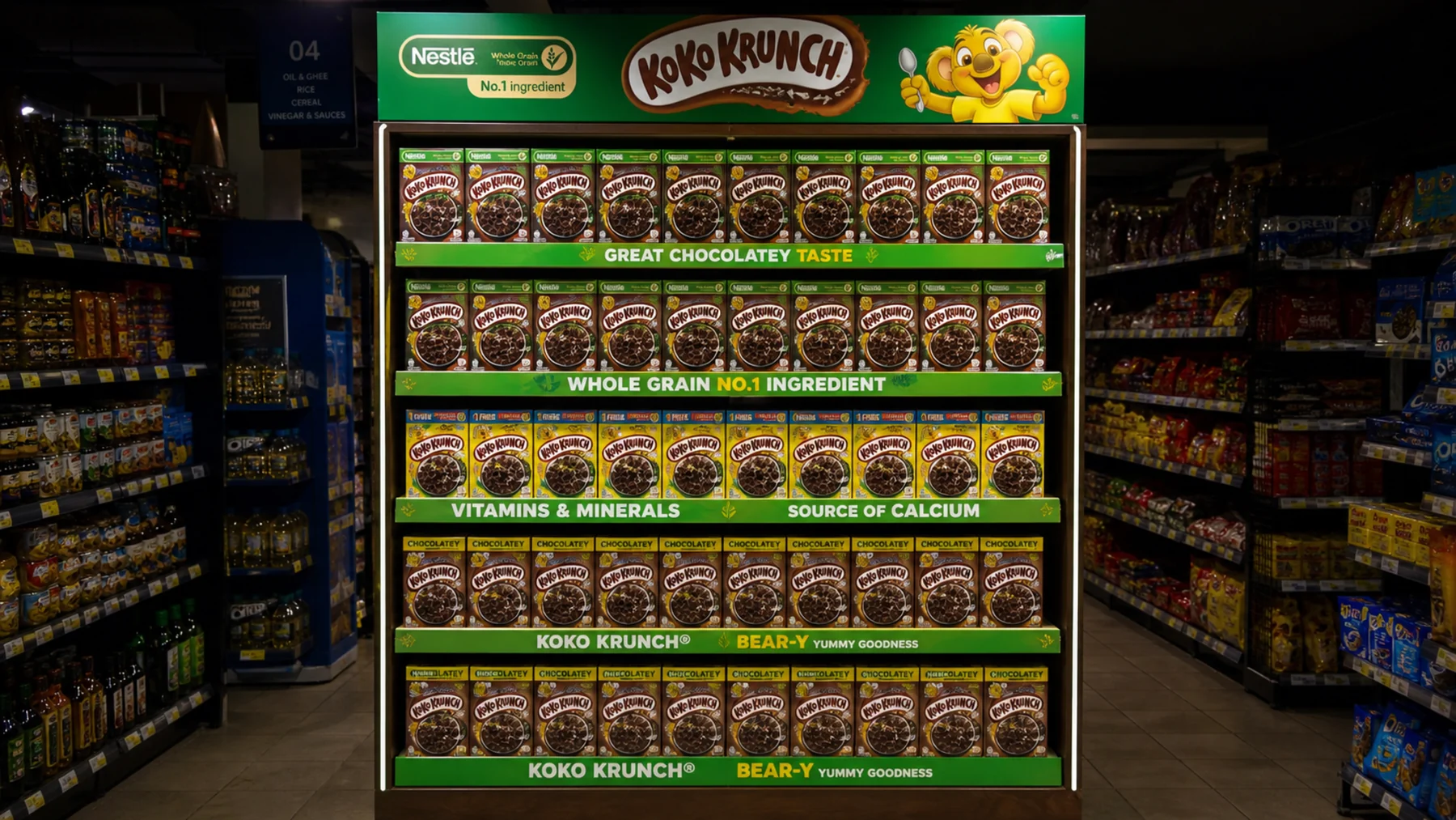 Breakfast cereal wall with Koko Krunch communication