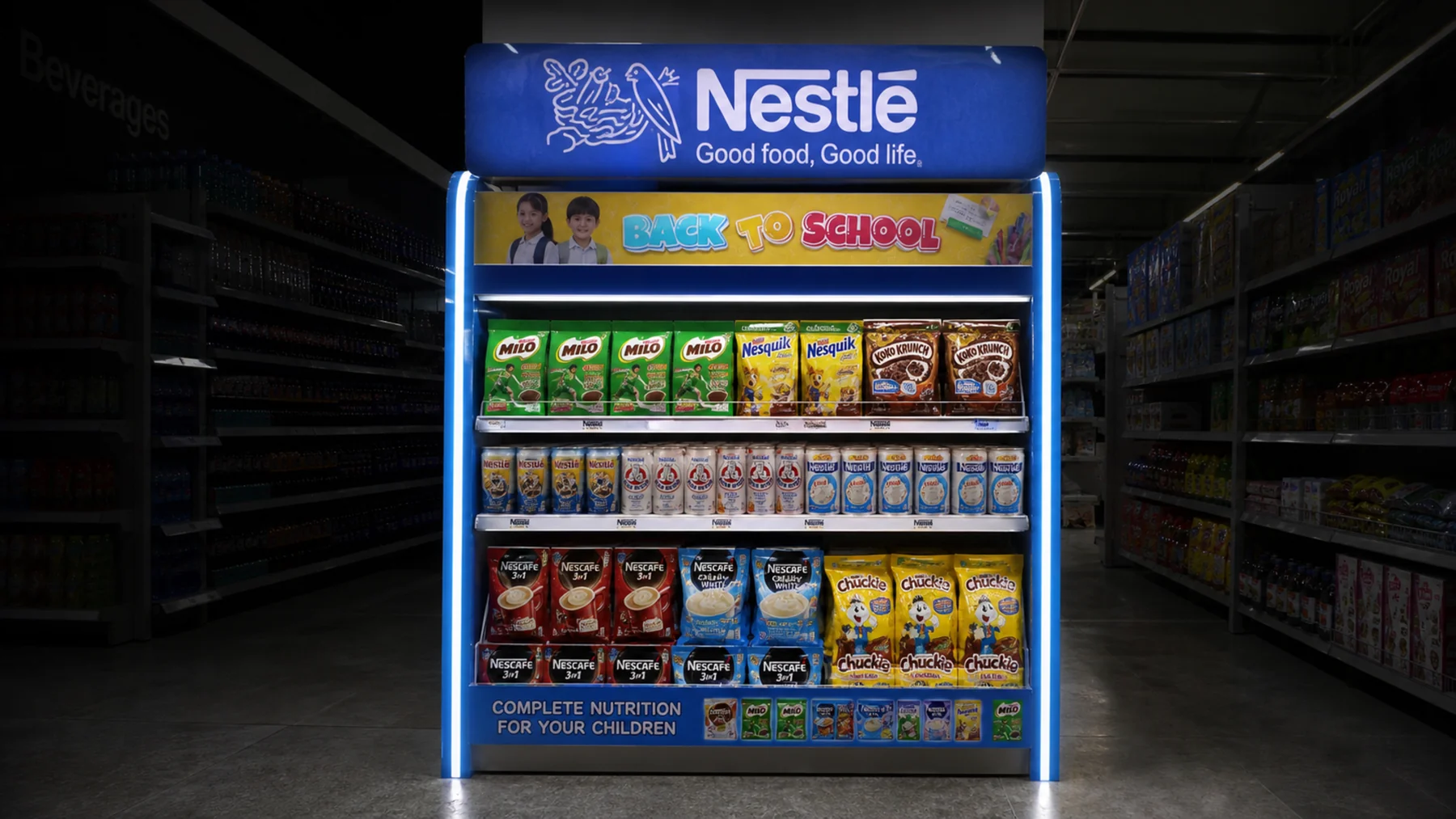 Illuminated Nestlé shelving at J. Mart