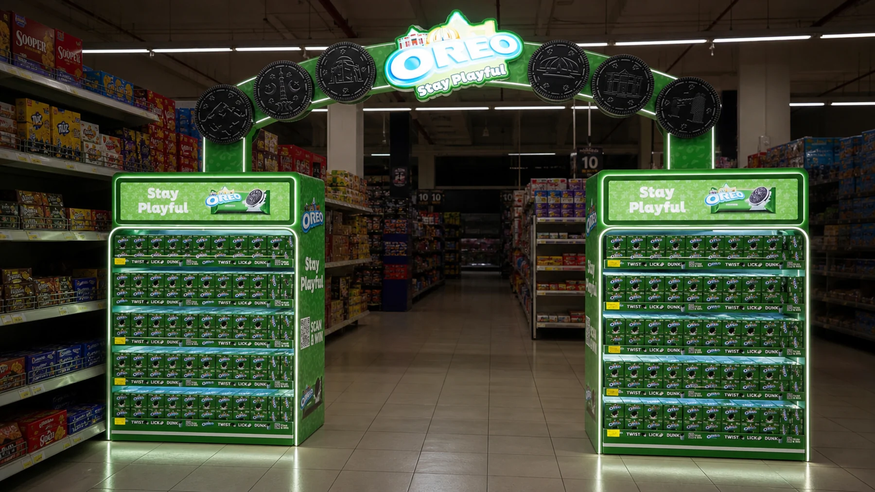 Oreo arch of oversized biscuit discs spanning the aisle above the units