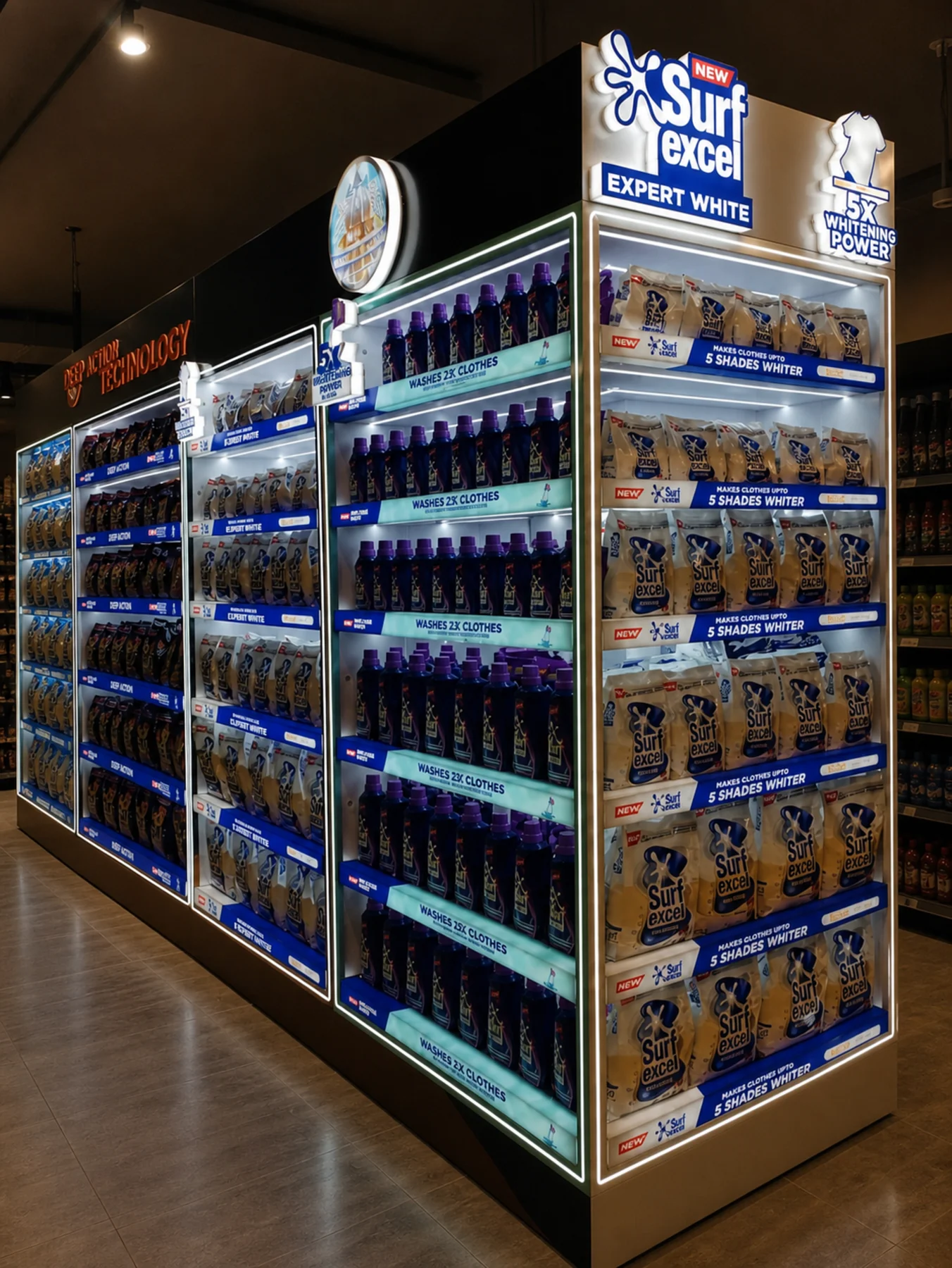 Surf Excel illuminated Expert White endcap connected to the laundry category wall