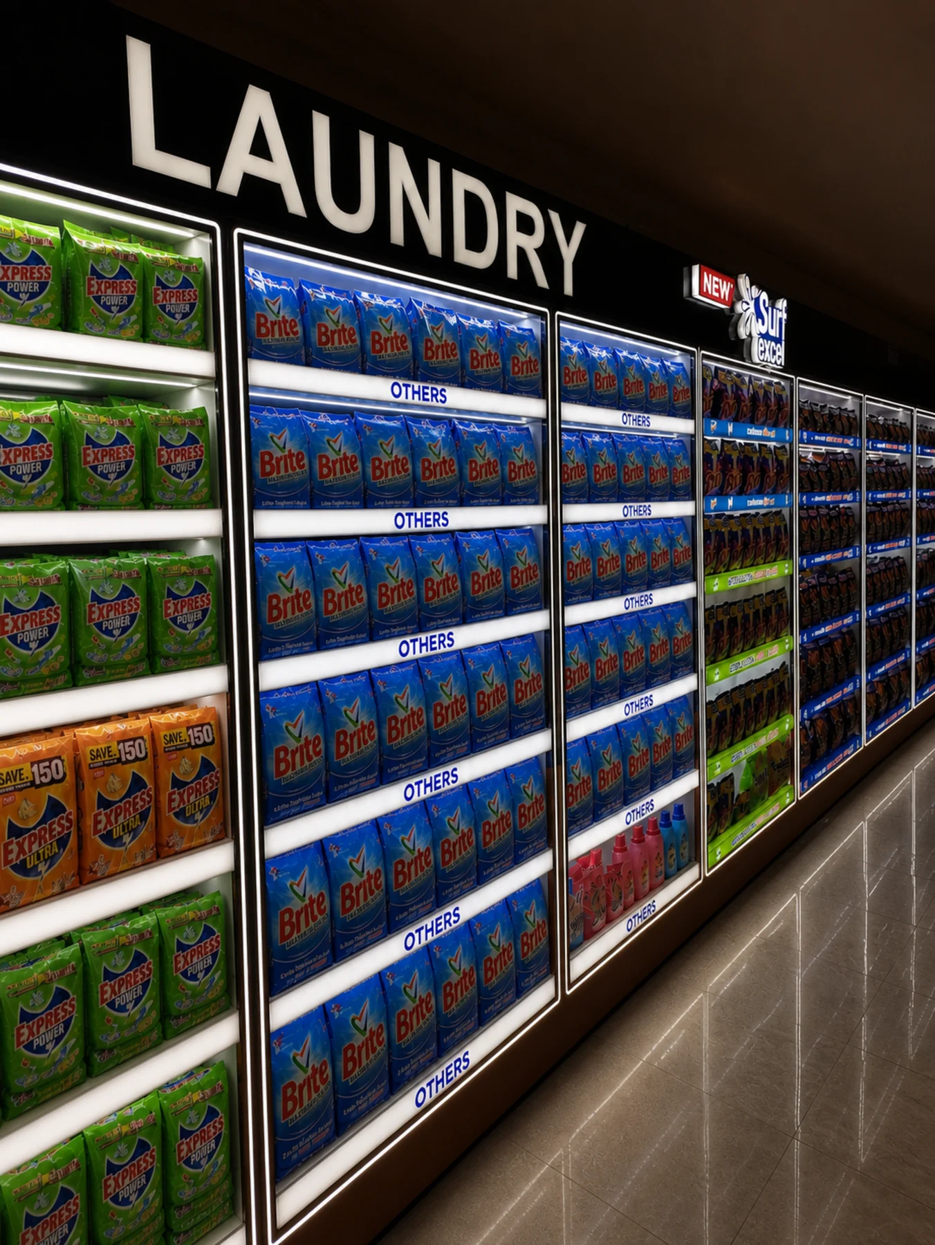 Laundry category fascia and illuminated product bays
