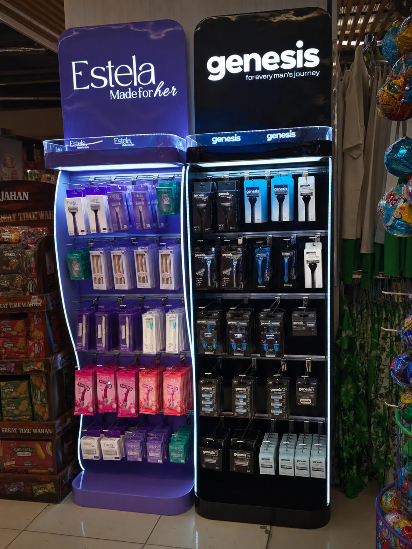 The Treet dual-brand fixture photographed before stocking, showing its structure
