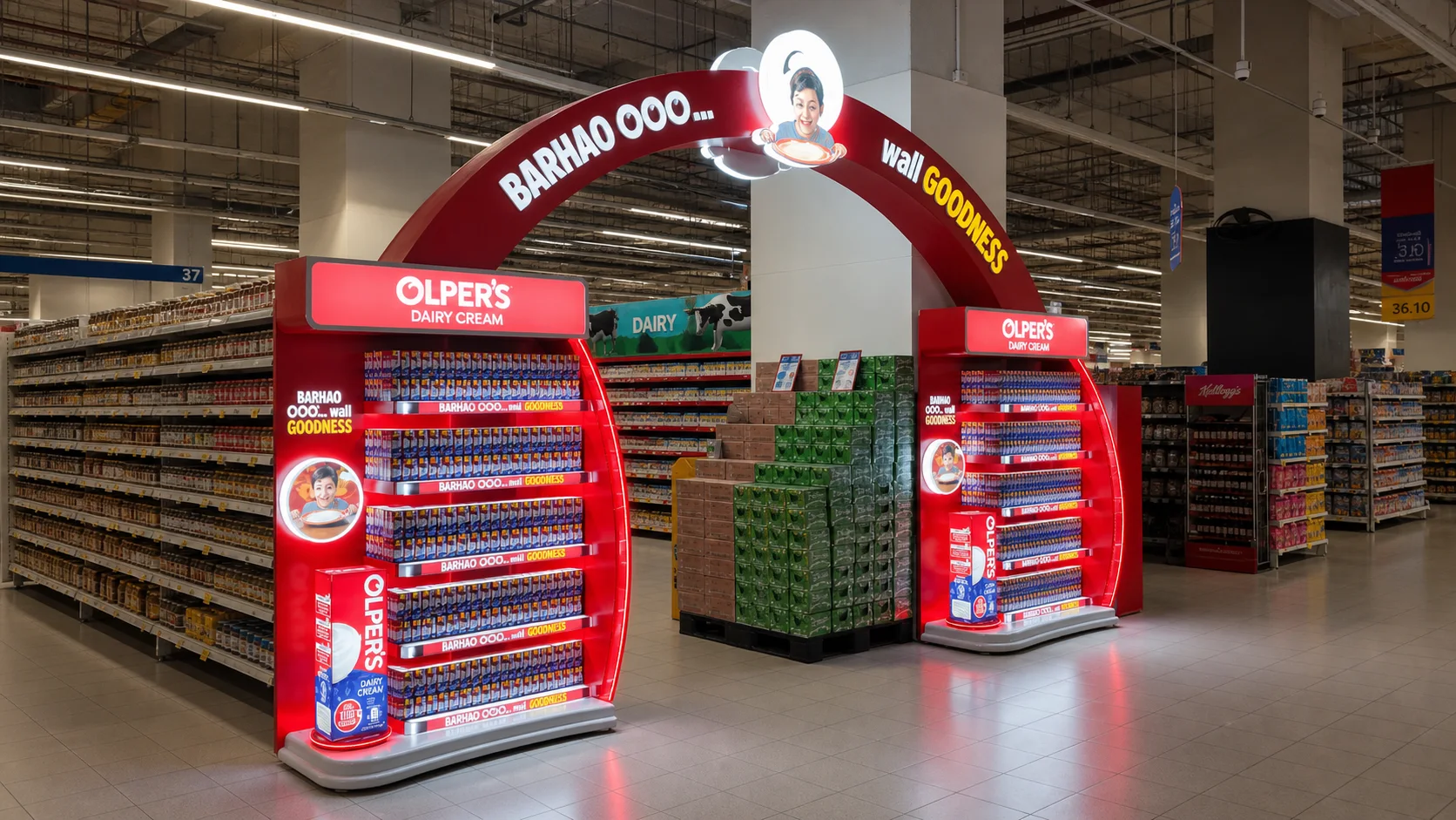 Olper's illuminated retail arch and display towers